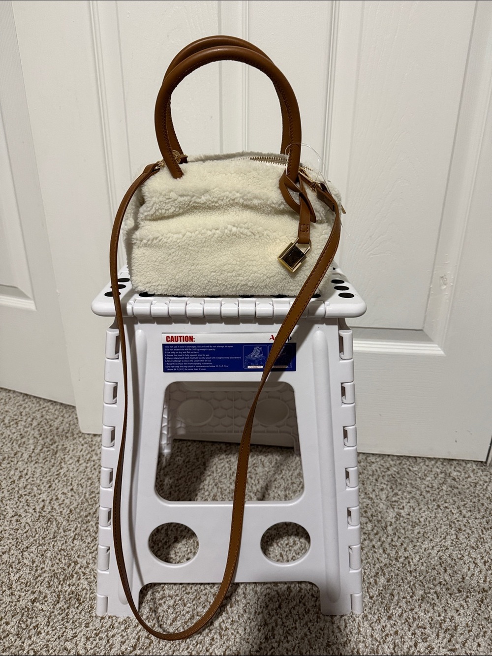 Ann Taylor Cream Shearling Mini Satchel with Brown Leather Trim